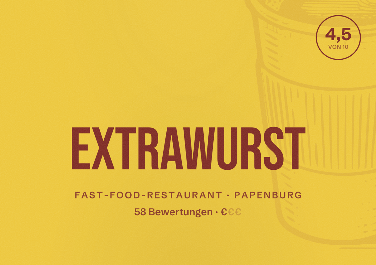 Illustriertes Poster von Extrawurst, Fast-Food-Restaurant in Papenburg: Bewertung 4,5 von 10 aus 58 Bewertungen, Preisniveau €