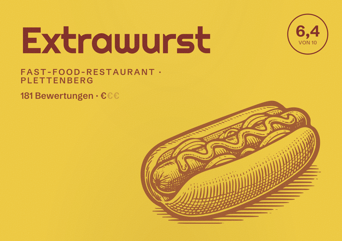 Illustriertes Poster von Extrawurst, Fast-Food-Restaurant in Plettenberg: Bewertung 6,4 von 10 aus 181 Bewertungen, Preisniveau €
