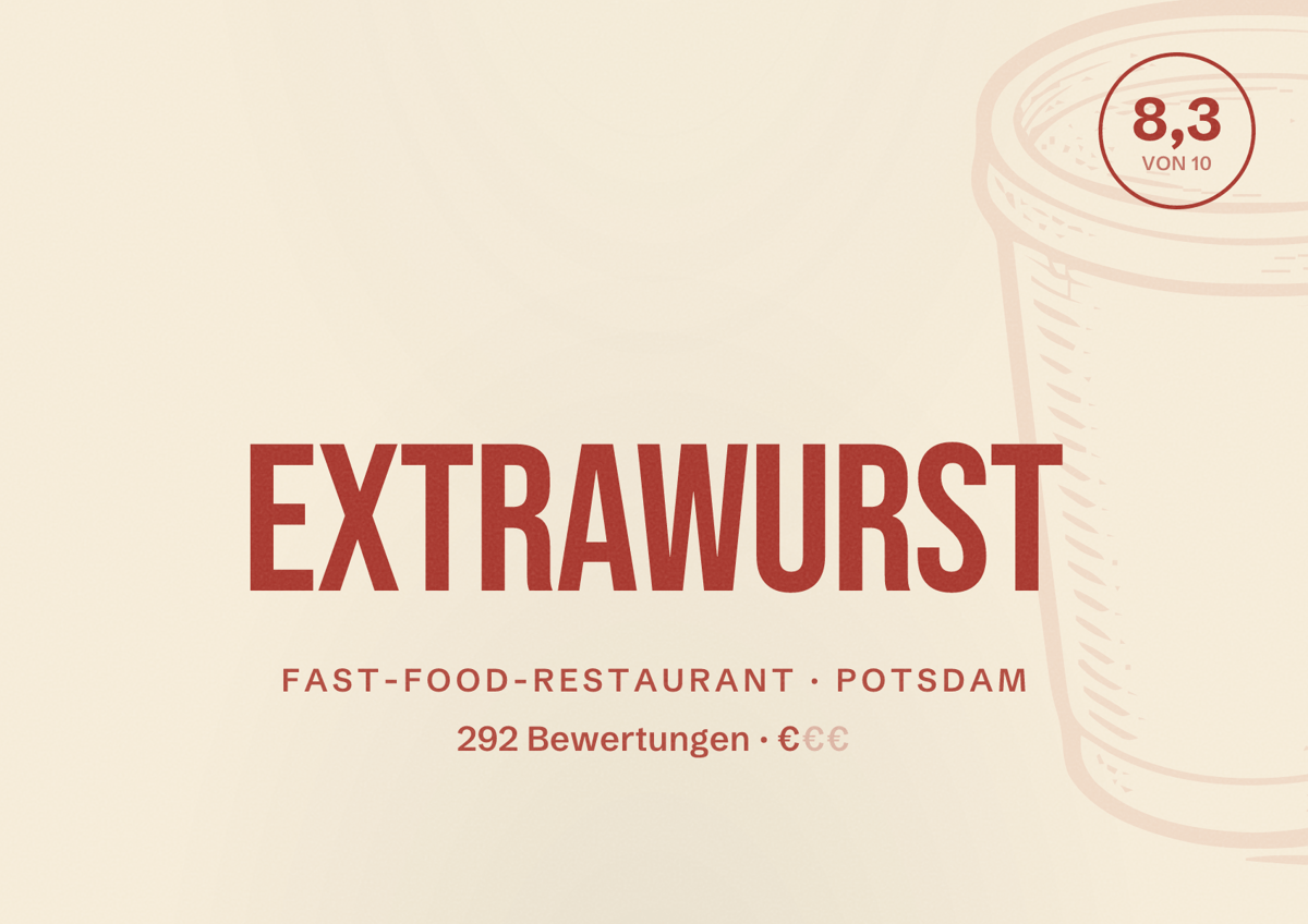 Illustriertes Poster von Extrawurst, Fast-Food-Restaurant in Potsdam: Bewertung 8,3 von 10 aus 292 Bewertungen, Preisniveau €
