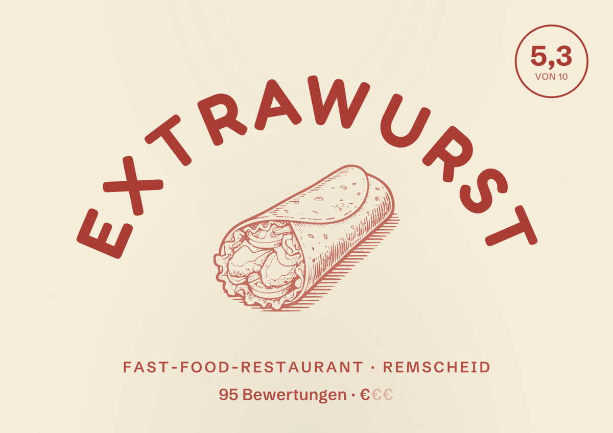 Illustriertes Poster von Extrawurst, Fast-Food-Restaurant in Remscheid: Bewertung 5,3 von 10 aus 95 Bewertungen, Preisniveau €