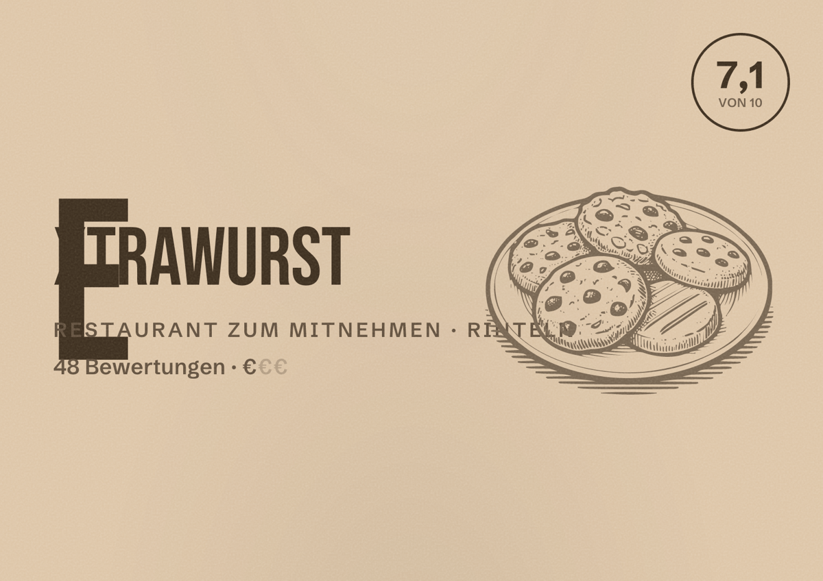 Illustriertes Poster von Extrawurst, Restaurant zum Mitnehmen in Rinteln: Bewertung 7,1 von 10 aus 48 Bewertungen, Preisniveau €