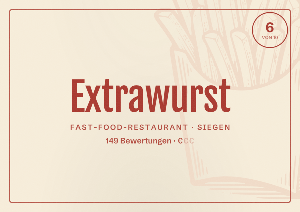 Illustriertes Poster von Extrawurst, Fast-Food-Restaurant in Siegen: Bewertung 6 von 10 aus 149 Bewertungen, Preisniveau €