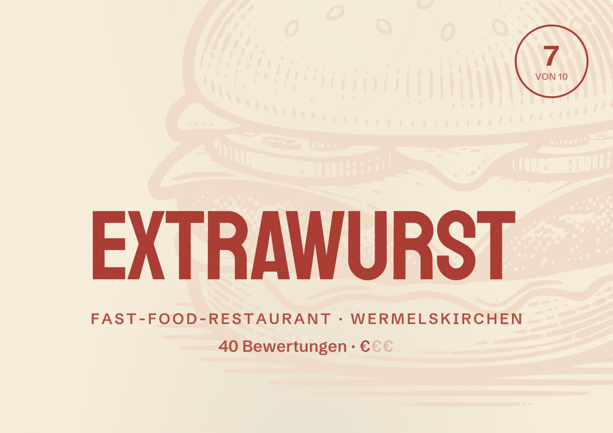 Illustriertes Poster von Extrawurst, Fast-Food-Restaurant in Wermelskirchen: Bewertung 7 von 10 aus 40 Bewertungen, Preisniveau €