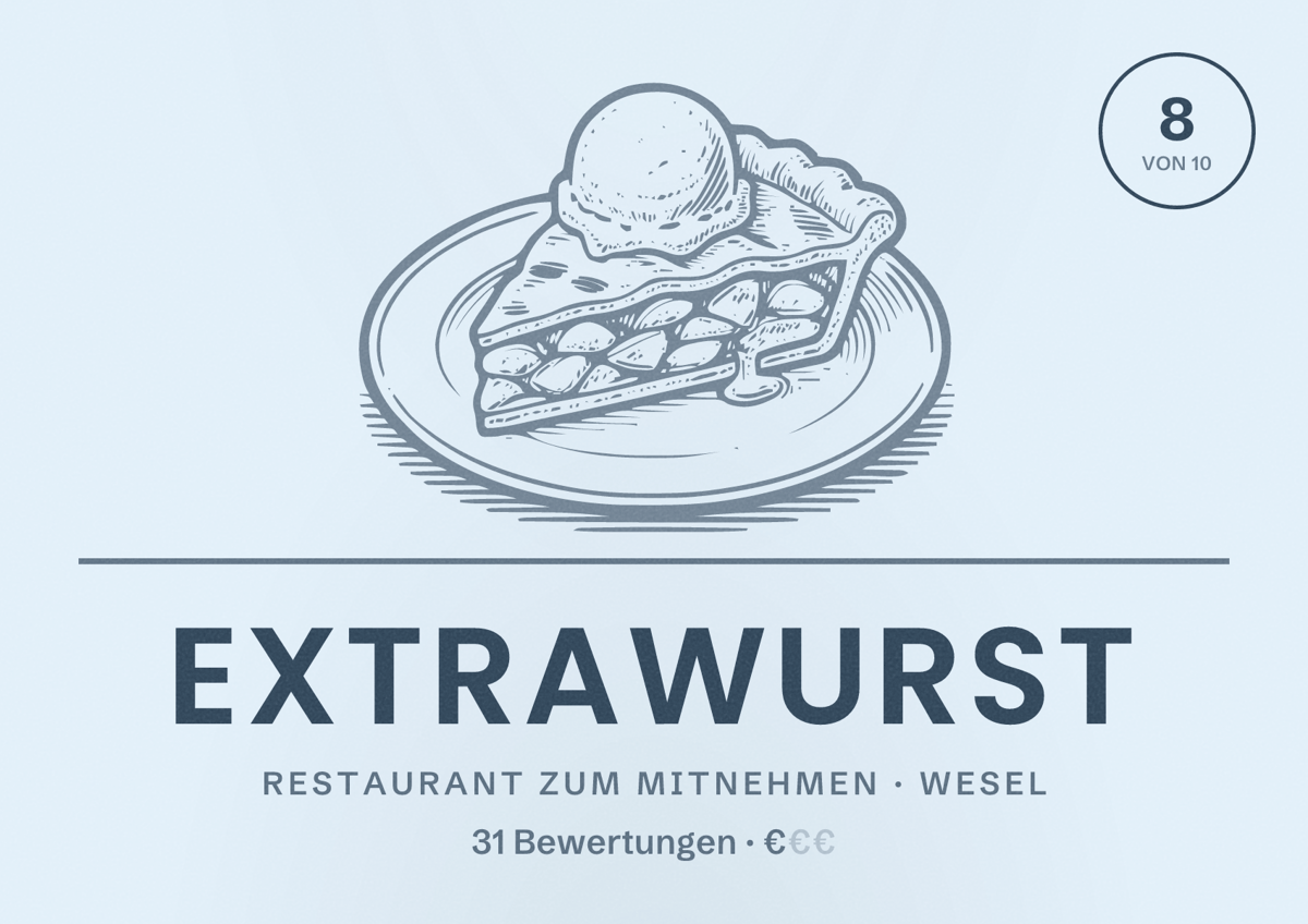Illustriertes Poster von Extrawurst, Restaurant zum Mitnehmen in Wesel: Bewertung 8 von 10 aus 31 Bewertungen, Preisniveau €