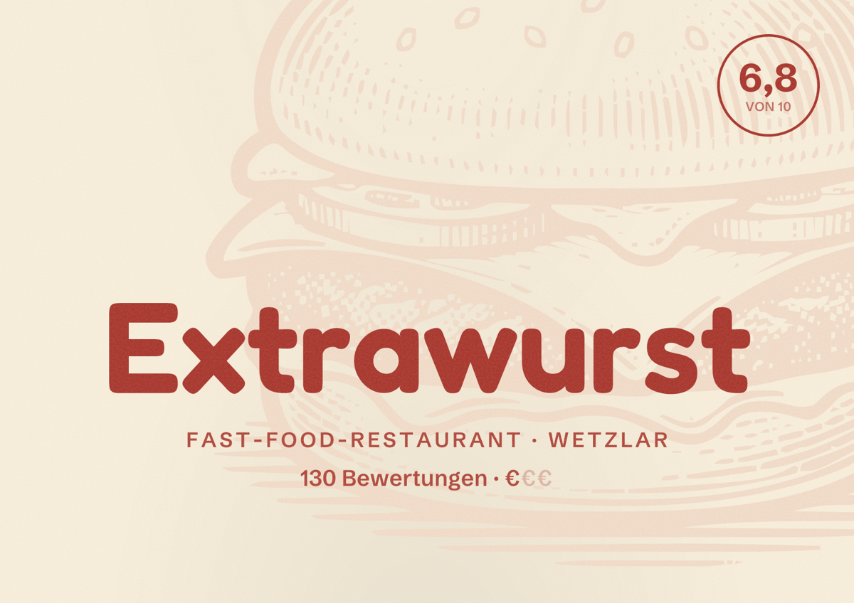 Illustriertes Poster von Extrawurst, Fast-Food-Restaurant in Wetzlar: Bewertung 6,8 von 10 aus 130 Bewertungen, Preisniveau €