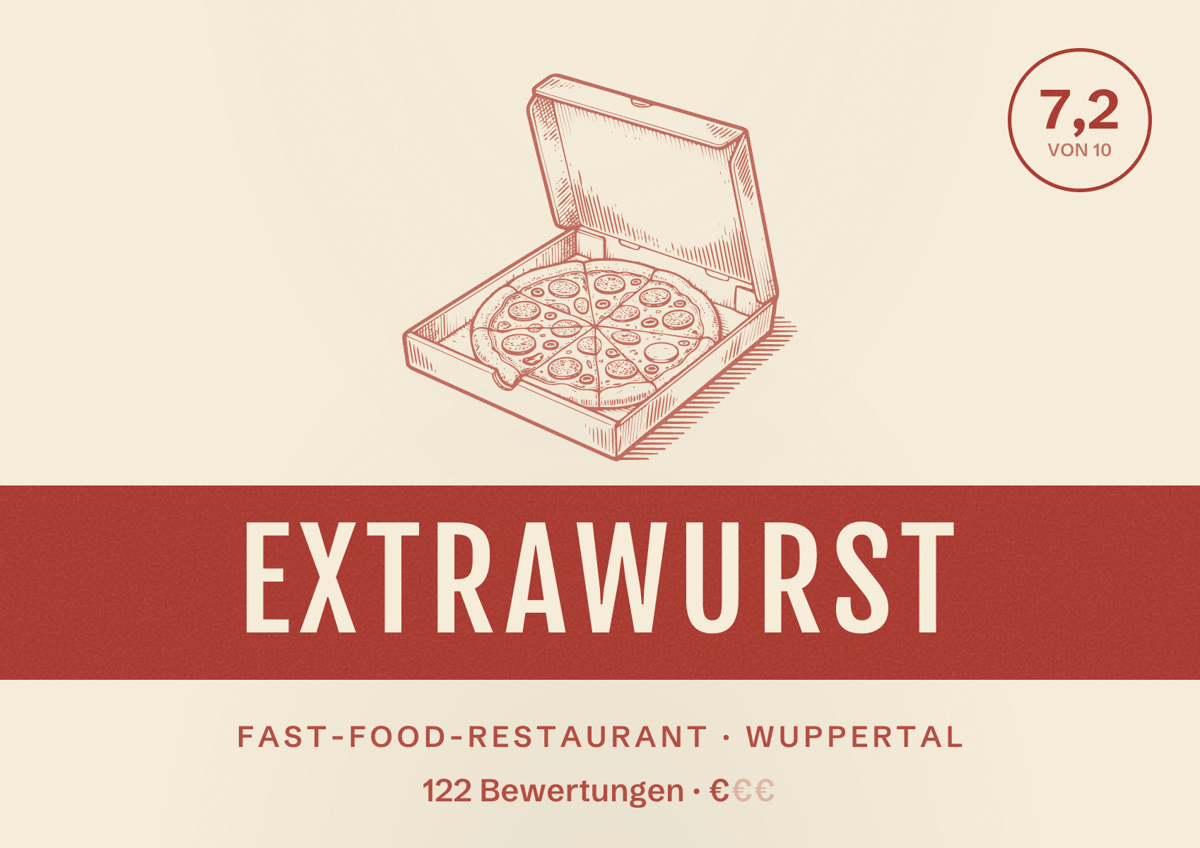 Illustriertes Poster von Extrawurst, Fast-Food-Restaurant in Wuppertal: Bewertung 7,2 von 10 aus 122 Bewertungen, Preisniveau €