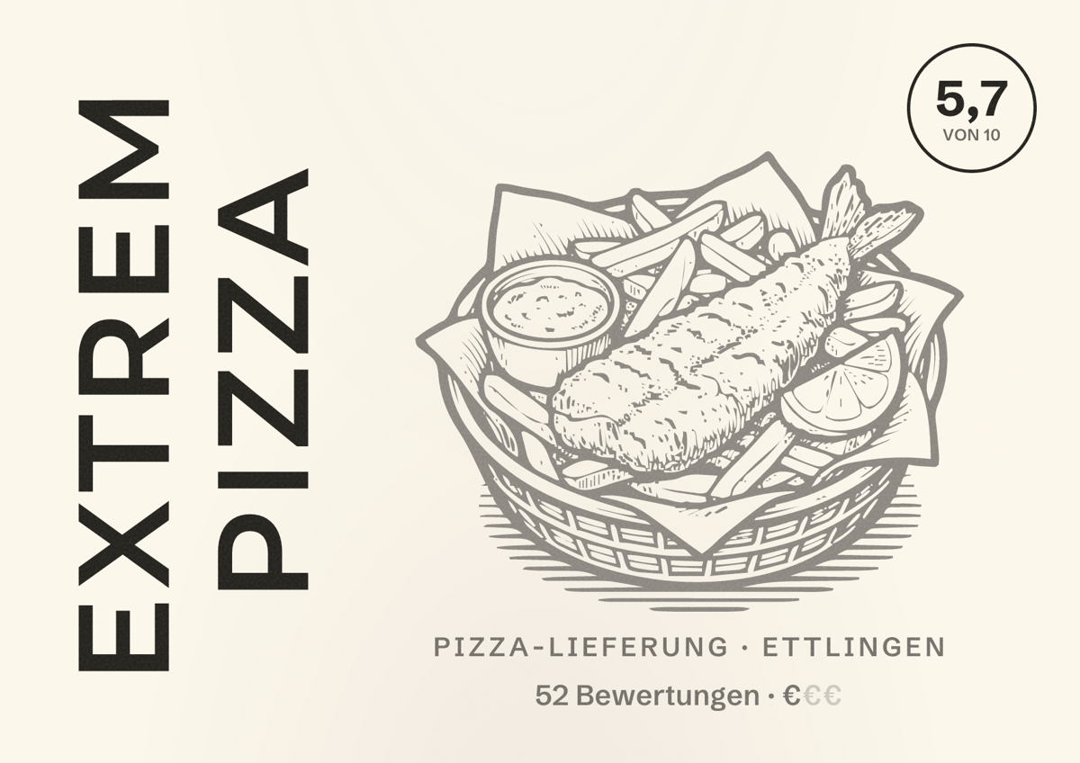 Illustriertes Poster von EXTREM PIZZA, Pizza-Lieferung in Ettlingen: Bewertung 5,7 von 10 aus 52 Bewertungen, Preisniveau €