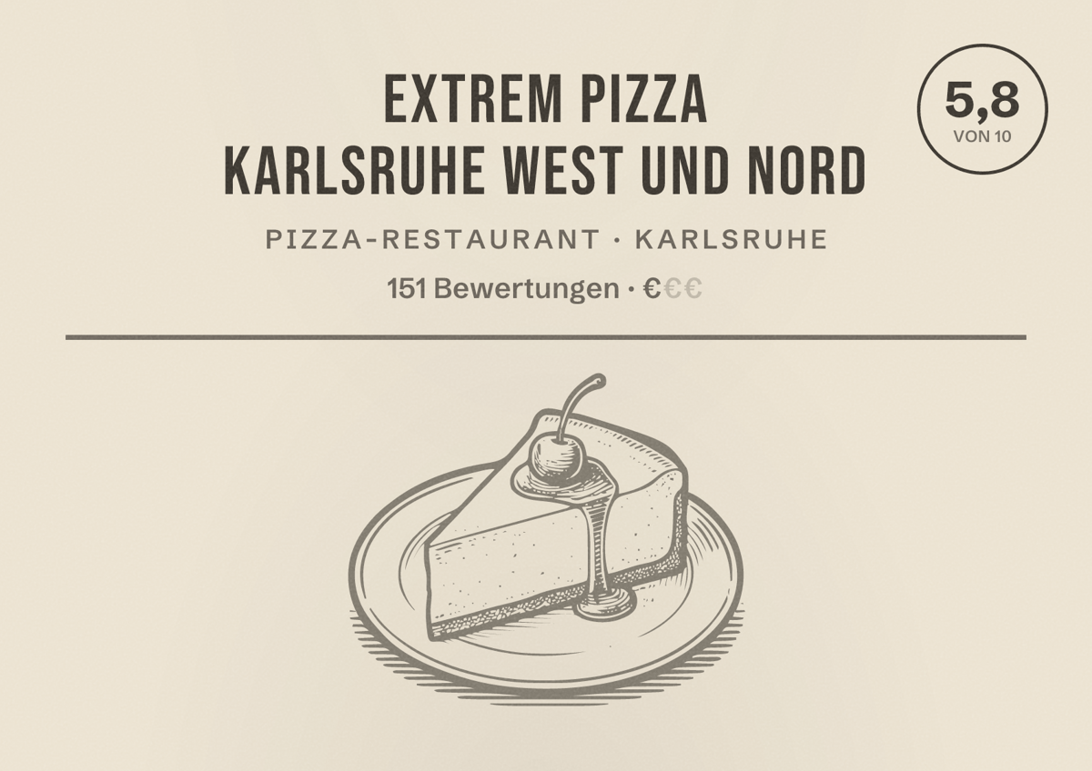 Illustriertes Poster von EXTREM PIZZA Karlsruhe West und Nord, Pizza-Restaurant in Karlsruhe: Bewertung 5,8 von 10 aus 151 Bewertungen, Preisniveau €