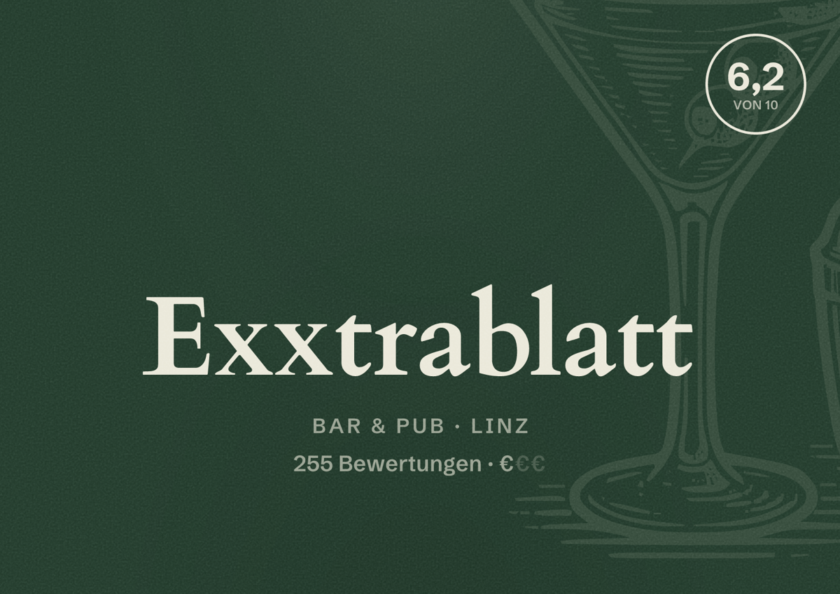 Illustriertes Poster von Exxtrablatt, Bar & Pub in Linz: Bewertung 6,2 von 10 aus 255 Bewertungen, Preisniveau €