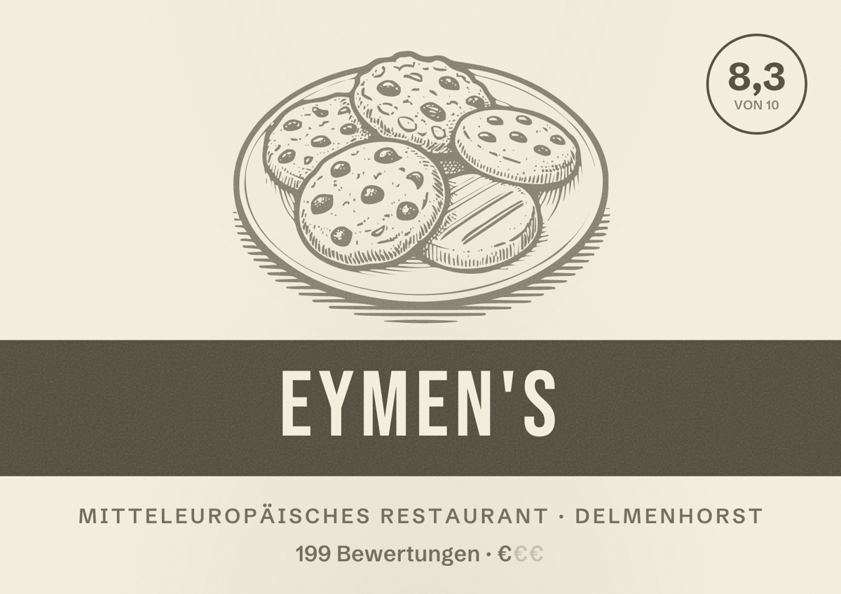 Illustriertes Poster von Eymen's, Mitteleuropäisches Restaurant in Delmenhorst: Bewertung 8,3 von 10 aus 199 Bewertungen, Preisniveau €