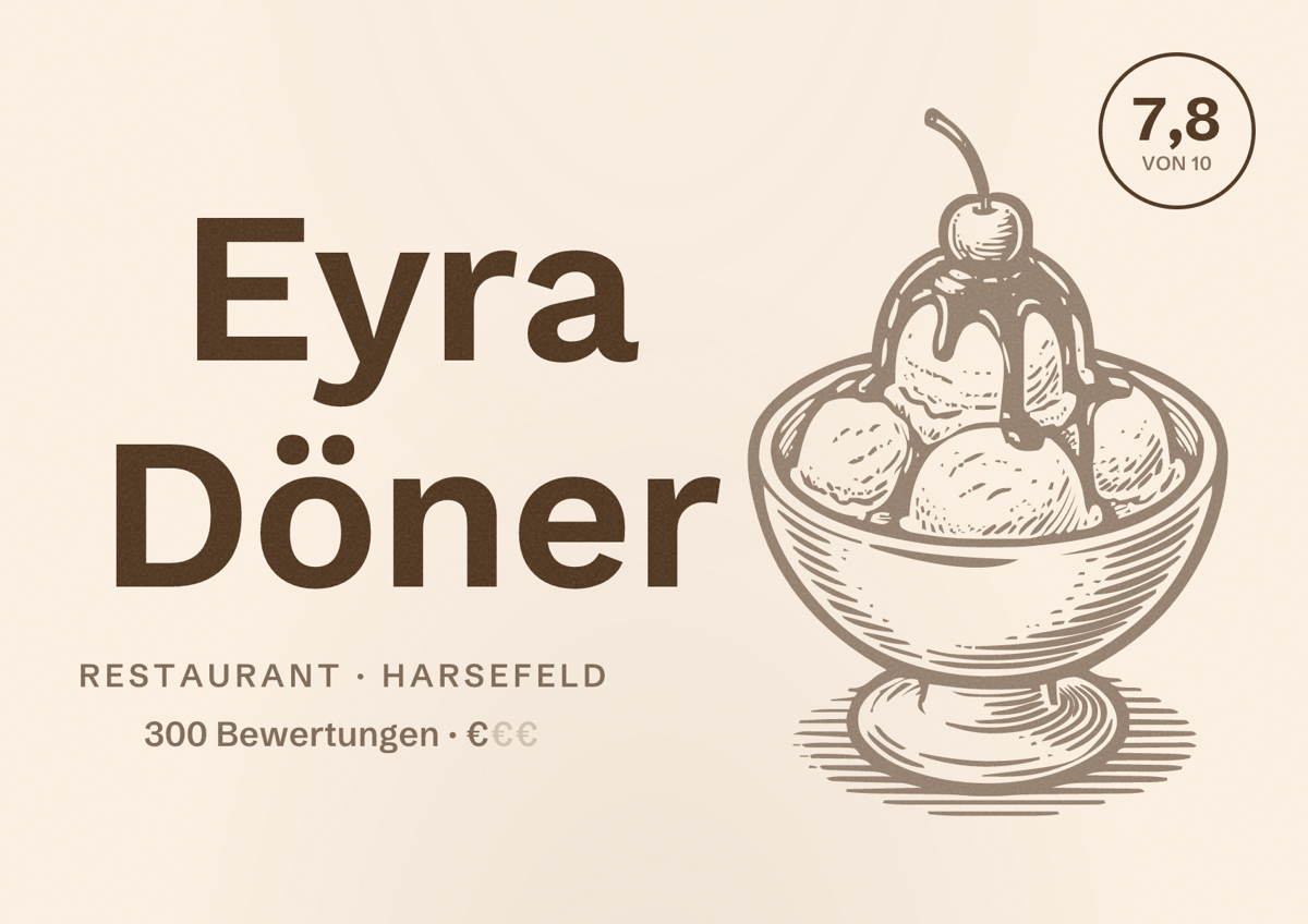 Illustriertes Poster von Eyra Döner, Restaurant in Harsefeld: Bewertung 7,8 von 10 aus 300 Bewertungen, Preisniveau €