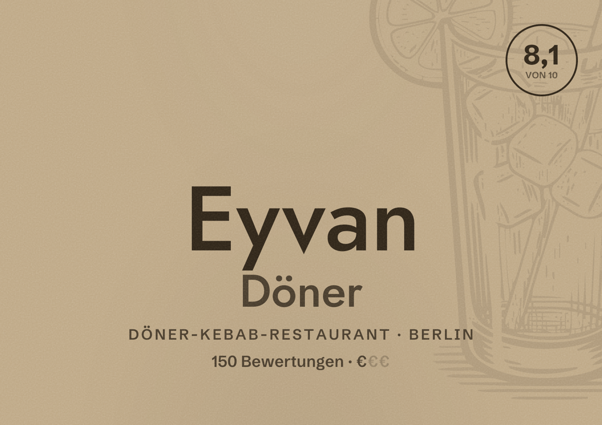 Illustriertes Poster von Eyvan Döner, Döner-Kebab-Restaurant in Berlin: Bewertung 8,1 von 10 aus 150 Bewertungen, Preisniveau €