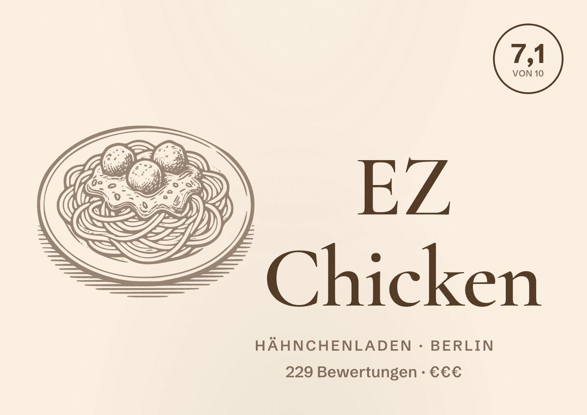 Illustriertes Poster von EZ Chicken, Hähnchenladen in Berlin: Bewertung 7,1 von 10 aus 229 Bewertungen, Preisniveau €€€