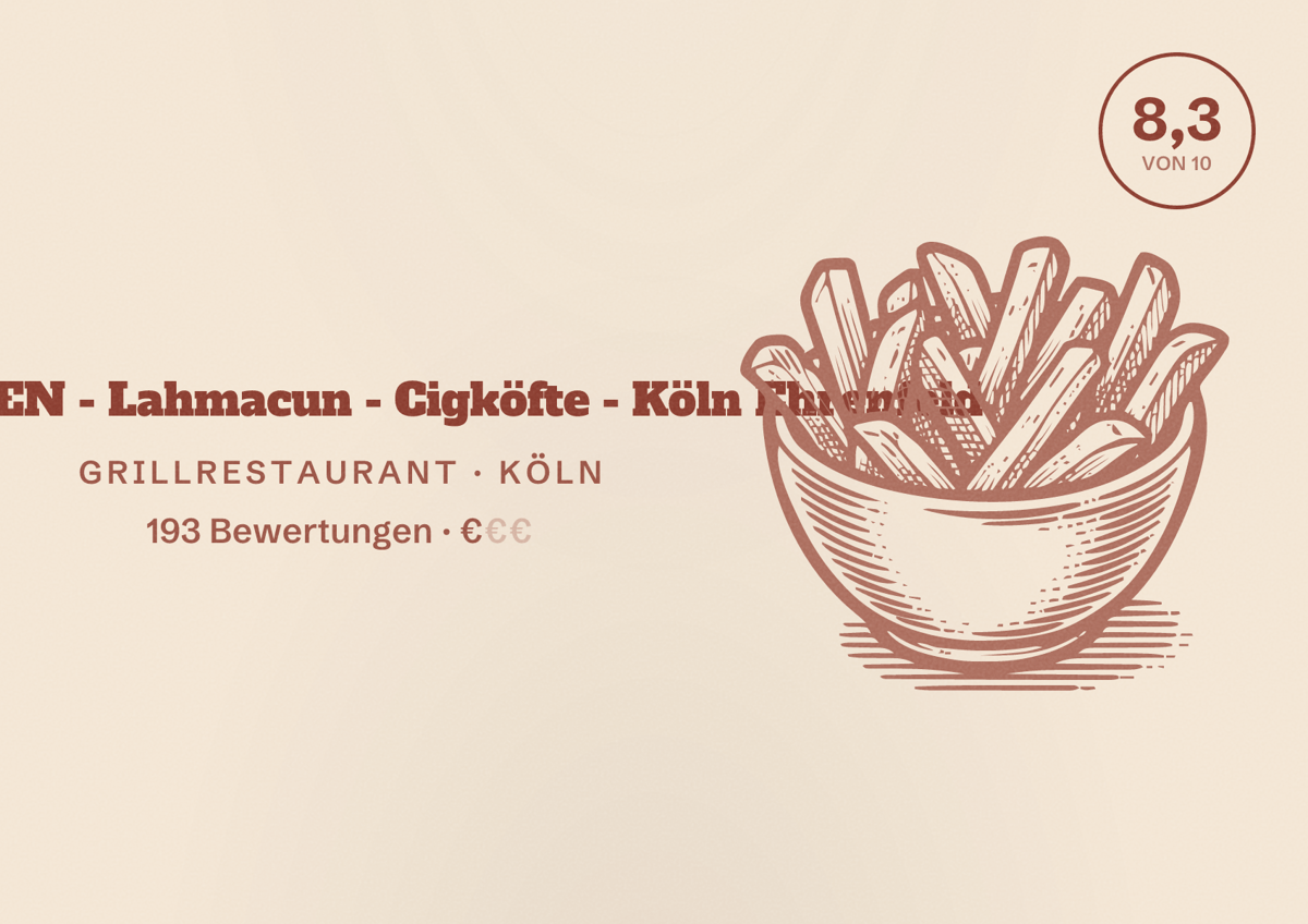 Illustriertes Poster von EZELDEN - Lahmacun - Cigköfte - Köln Ehrenfeld, Grillrestaurant in Köln: Bewertung 8,3 von 10 aus 193 Bewertungen, Preisniveau €