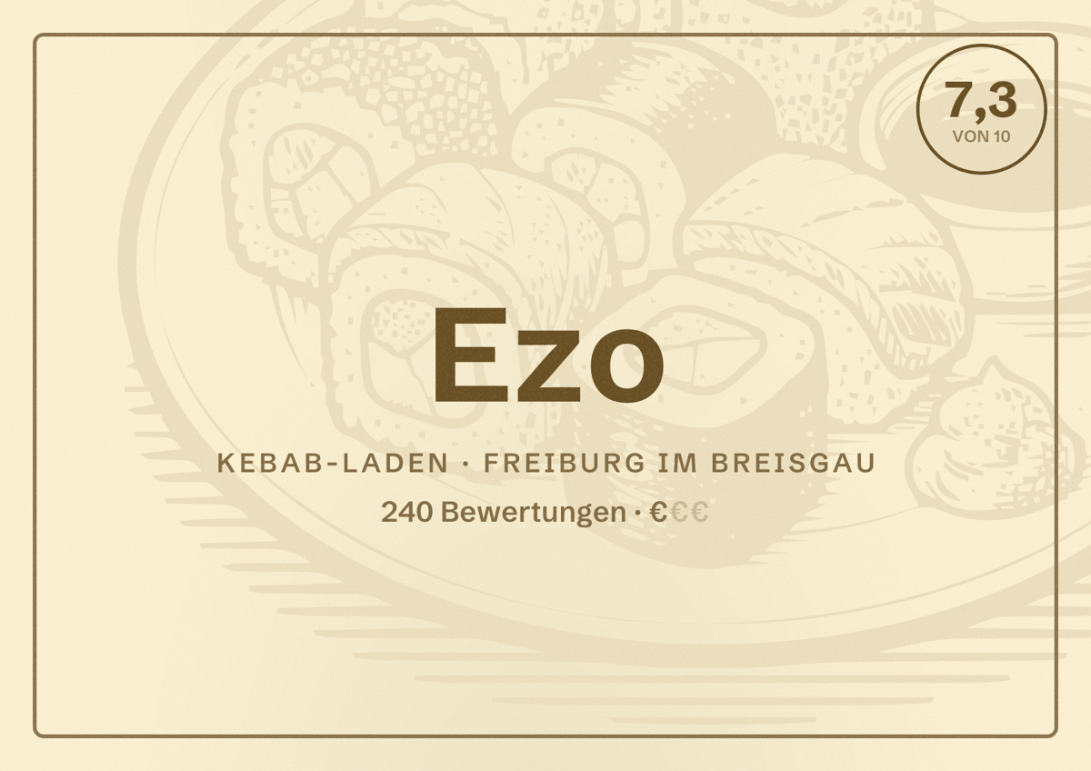 Illustriertes Poster von Ezo, Kebab-Laden in Freiburg im Breisgau: Bewertung 7,3 von 10 aus 240 Bewertungen, Preisniveau €