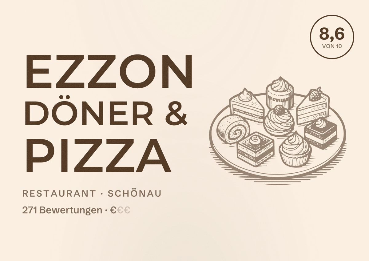 Illustriertes Poster von Ezzon Döner & Pizza, Restaurant in Schönau: Bewertung 8,6 von 10 aus 271 Bewertungen, Preisniveau €