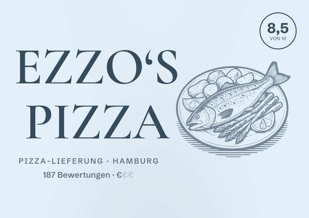 Illustriertes Poster von EZZO‘S PIZZA, Pizza-Lieferung in Hamburg: Bewertung 8,5 von 10 aus 187 Bewertungen, Preisniveau €