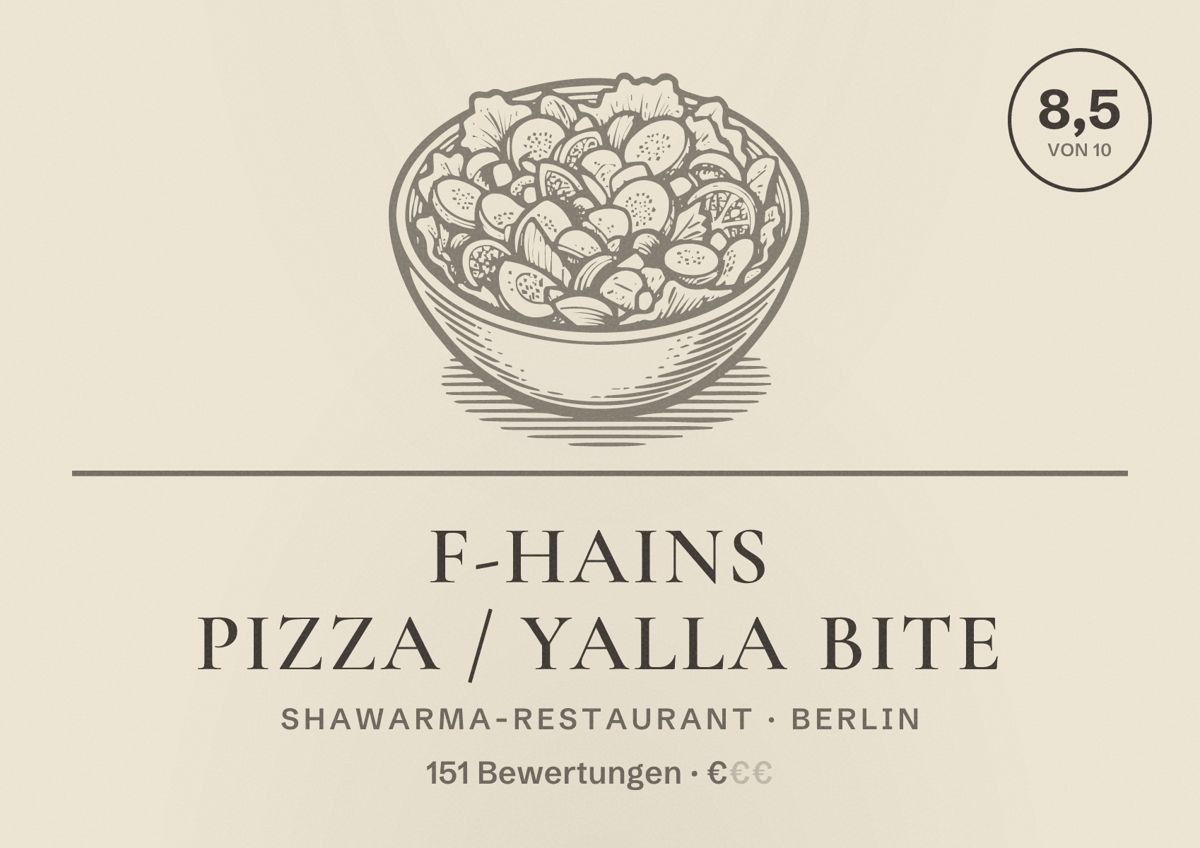Illustriertes Poster von F-Hains Pizza / Yalla Bite, Shawarma-Restaurant in Berlin: Bewertung 8,5 von 10 aus 151 Bewertungen, Preisniveau €