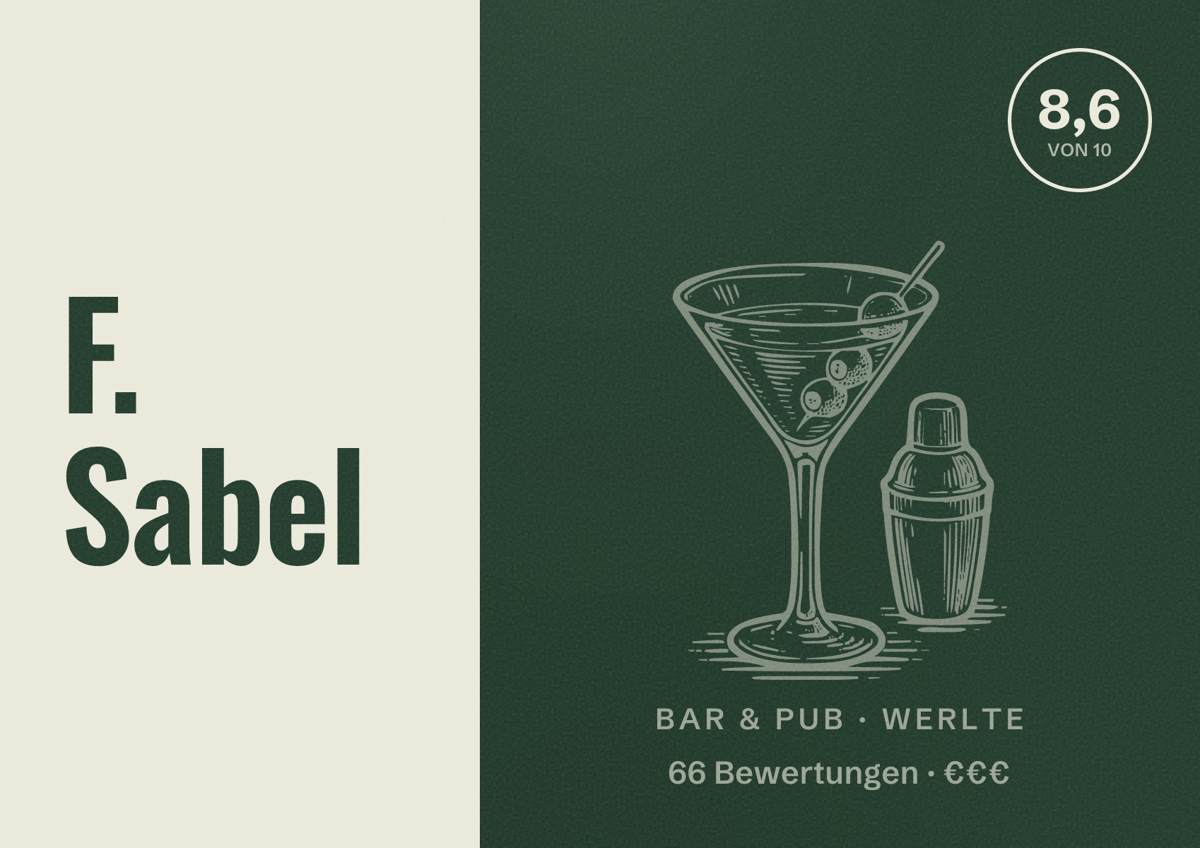 Illustriertes Poster von F. Sabel, Bar & Pub in Werlte: Bewertung 8,6 von 10 aus 66 Bewertungen, Preisniveau €€€