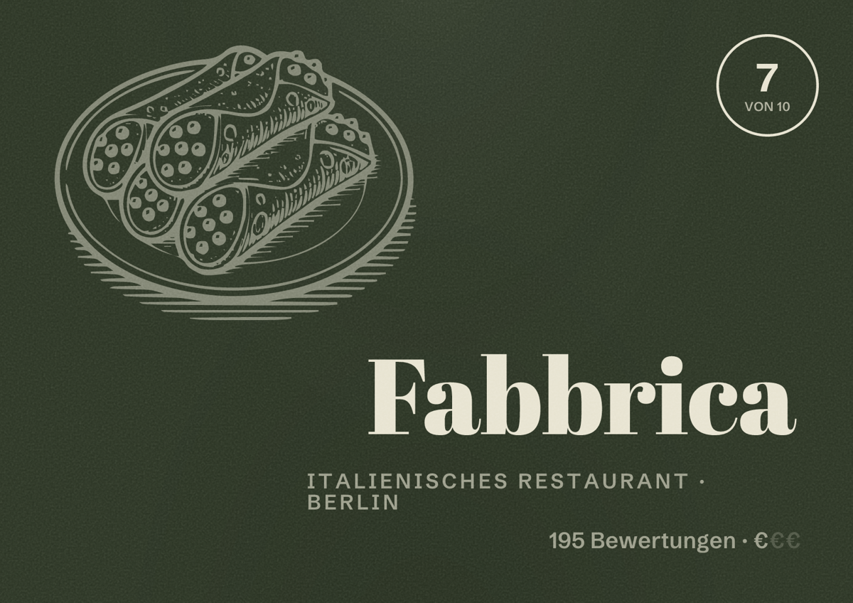 Illustriertes Poster von Fabbrica, Italienisches Restaurant in Berlin: Bewertung 7,0 von 10 aus 195 Bewertungen, Preisniveau €