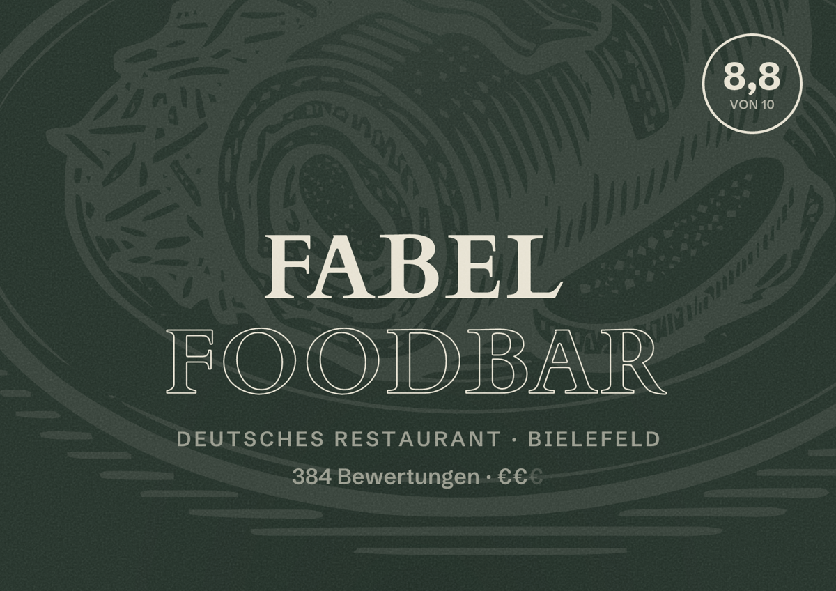Illustriertes Poster von Fabel Foodbar, Deutsches Restaurant in Bielefeld: Bewertung 8,8 von 10 aus 384 Bewertungen, Preisniveau €€