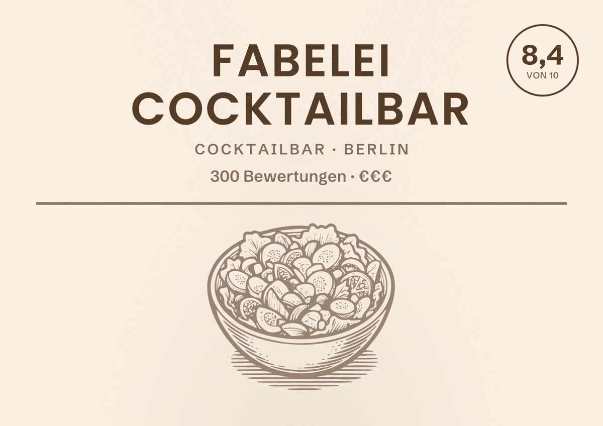 Illustriertes Poster von FABELEI Cocktailbar, Cocktailbar in Berlin: Bewertung 8,4 von 10 aus 300 Bewertungen, Preisniveau €€€