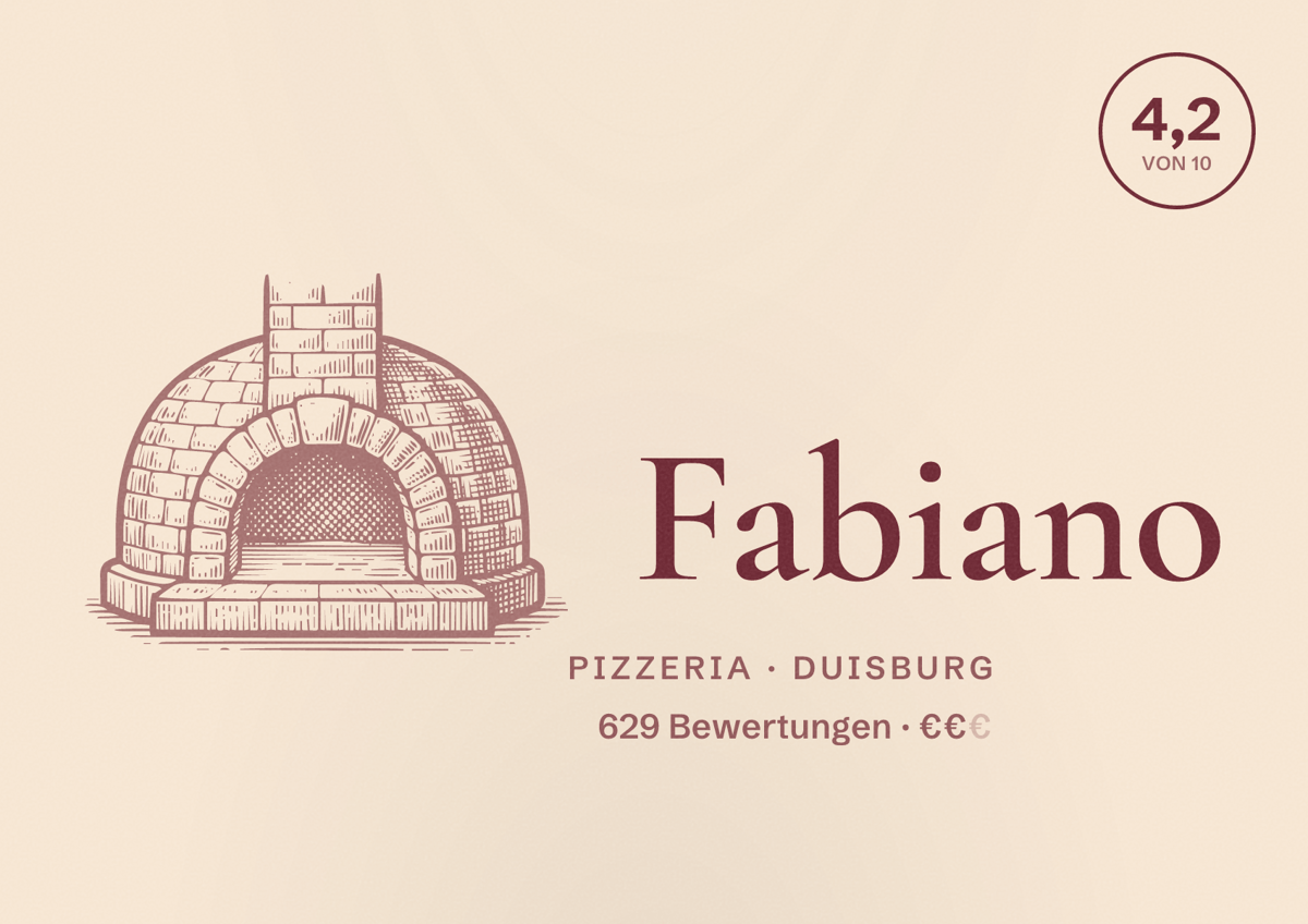 Illustriertes Poster von Fabiano, Pizzeria in Duisburg: Bewertung 4,2 von 10 aus 629 Bewertungen, Preisniveau €€