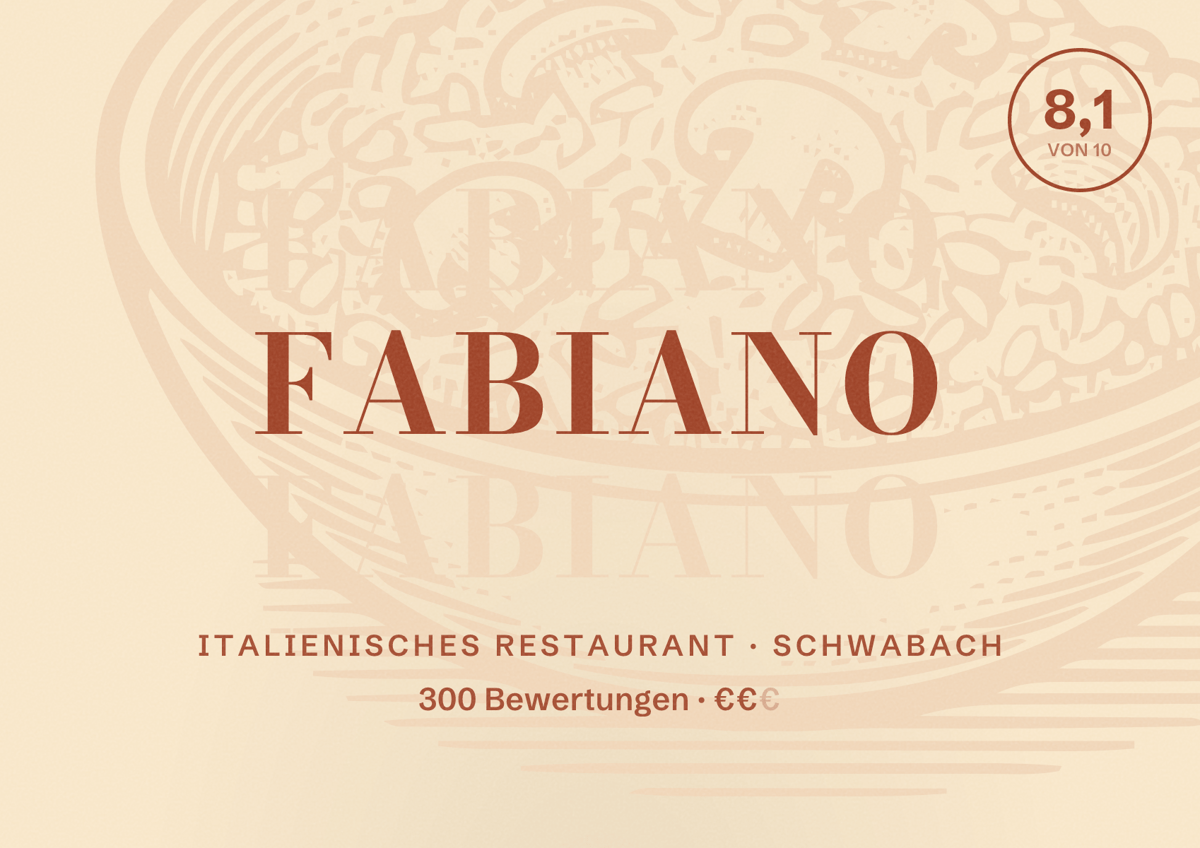 Illustriertes Poster von fabiano, Italienisches Restaurant in Schwabach: Bewertung 8,1 von 10 aus 300 Bewertungen, Preisniveau €€