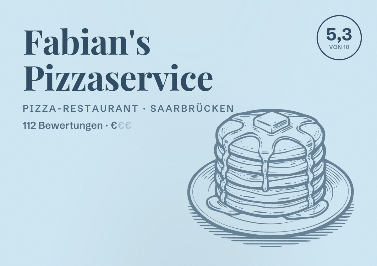 Illustriertes Poster von Fabian's Pizzaservice, Pizza-Restaurant in Saarbrücken: Bewertung 5,3 von 10 aus 112 Bewertungen, Preisniveau €