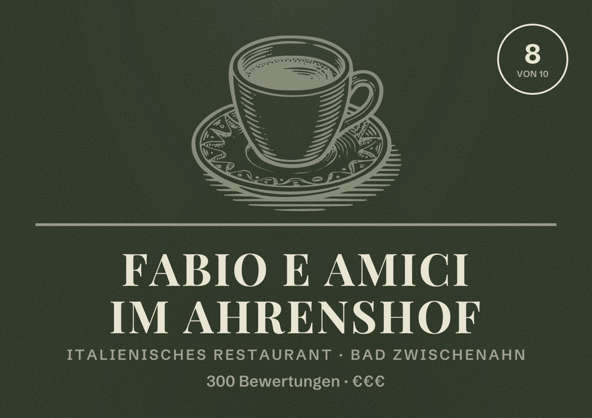 Illustriertes Poster von Fabio e Amici im Ahrenshof, Italienisches Restaurant in Bad Zwischenahn: Bewertung 8 von 10 aus 300 Bewertungen, Preisniveau €€€
