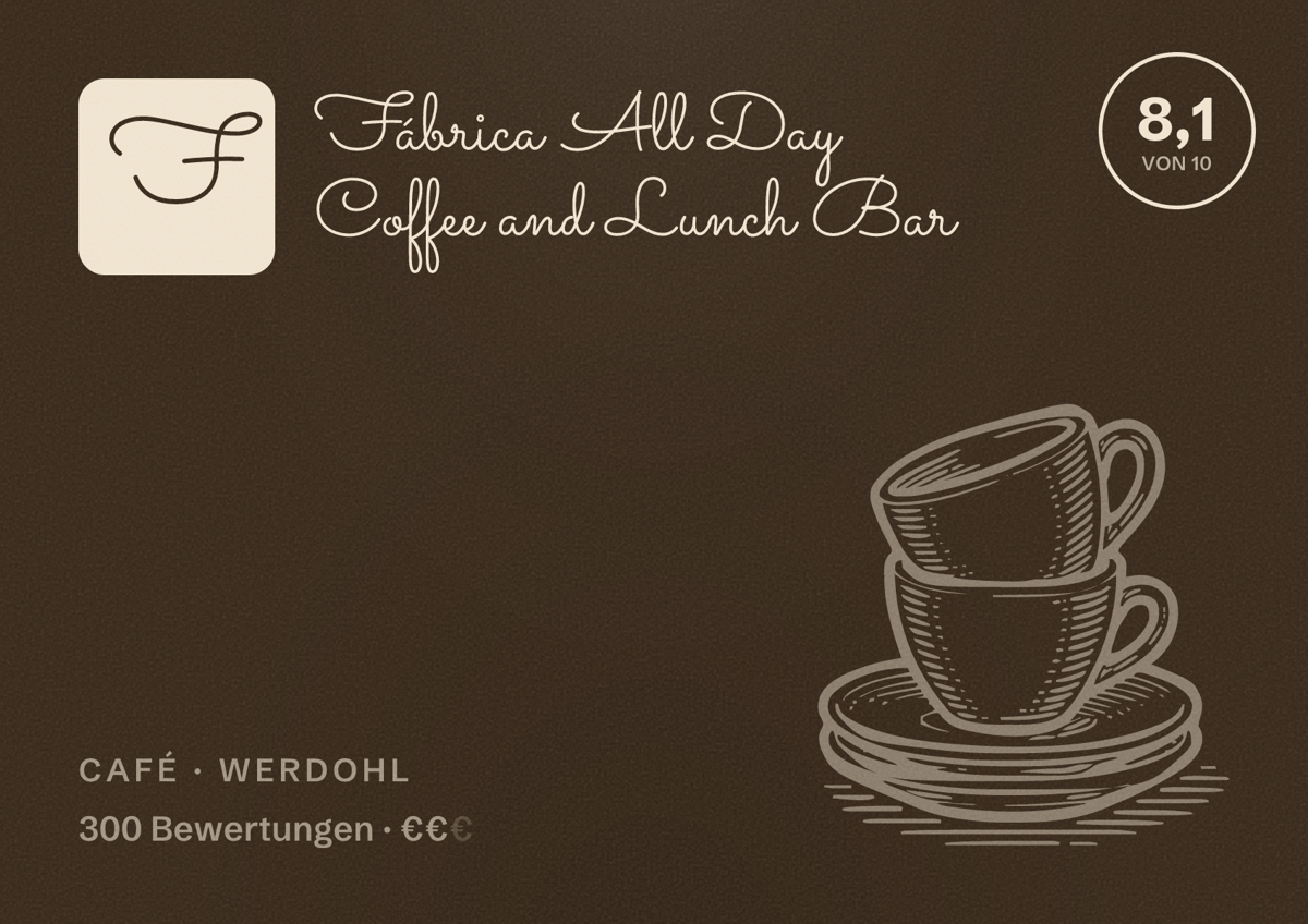 Illustriertes Poster von Fábrica All Day Coffee and Lunch Bar, Café in Werdohl: Bewertung 8,1 von 10 aus 300 Bewertungen, Preisniveau €€