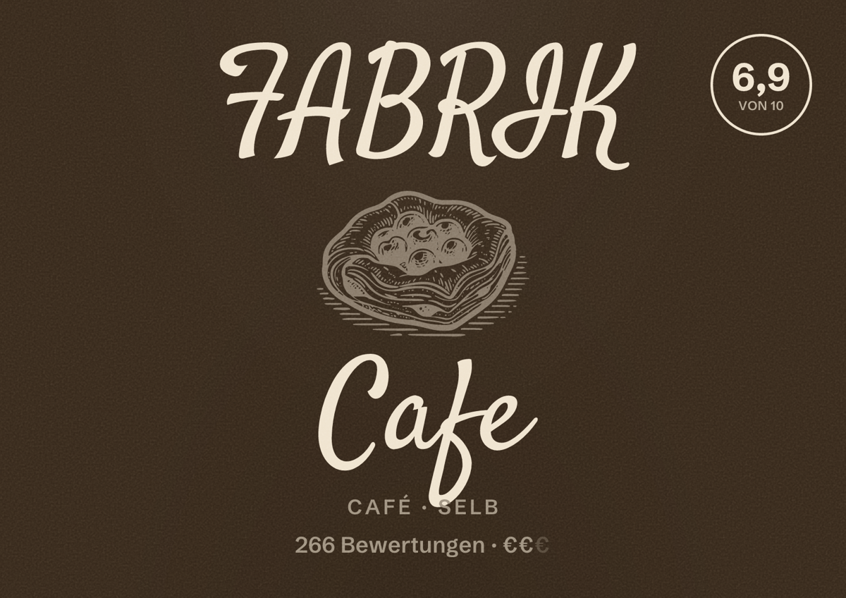 Illustriertes Poster von FABRIK Cafe, Café in Selb: Bewertung 6,9 von 10 aus 266 Bewertungen, Preisniveau €€