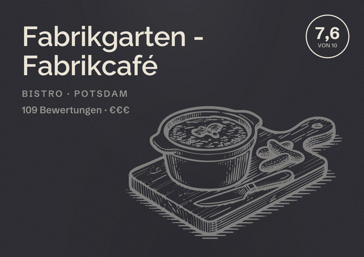 Illustriertes Poster von Fabrikgarten - Fabrikcafé, Bistro in Potsdam: Bewertung 7,6 von 10 aus 109 Bewertungen, Preisniveau €€€