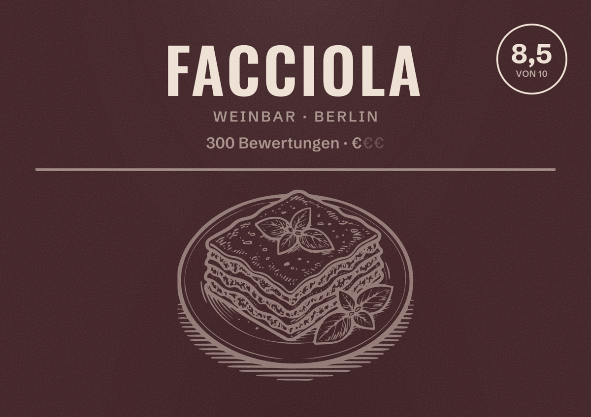 Illustriertes Poster von Facciola, Weinbar in Berlin: Bewertung 8,5 von 10 aus 300 Bewertungen, Preisniveau €