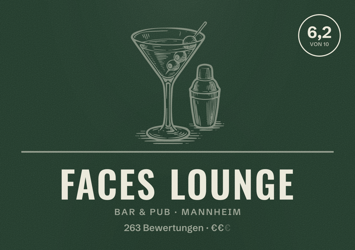 Illustriertes Poster von FACES Lounge, Bar & Pub in Mannheim: Bewertung 6,2 von 10 aus 263 Bewertungen, Preisniveau €€