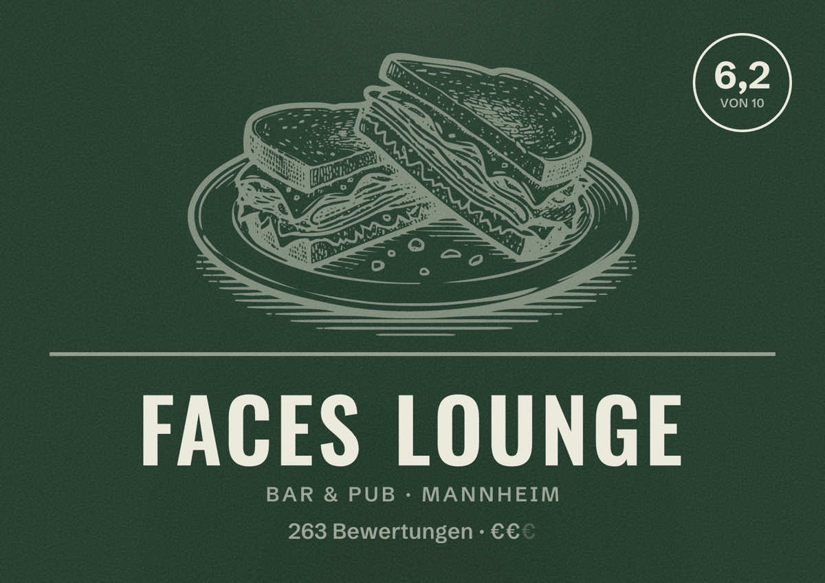 Illustriertes Poster von FACES Lounge, Bar & Pub in Mannheim: Bewertung 6,2 von 10 aus 263 Bewertungen, Preisniveau €€