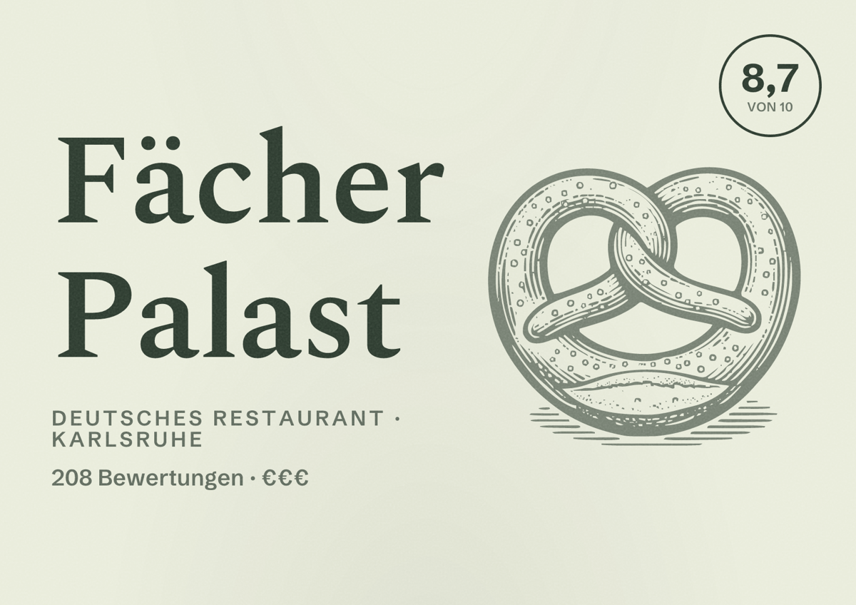Illustriertes Poster von Fächer Palast, Deutsches Restaurant in Karlsruhe: Bewertung 8,7 von 10 aus 208 Bewertungen, Preisniveau €€€