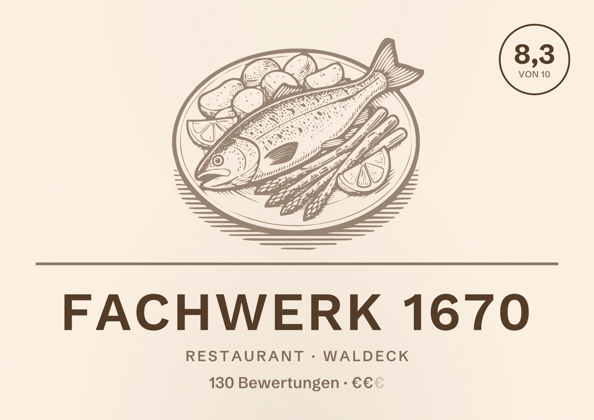 Illustriertes Poster von Fachwerk 1670, Restaurant in Waldeck: Bewertung 8,3 von 10 aus 130 Bewertungen, Preisniveau €€