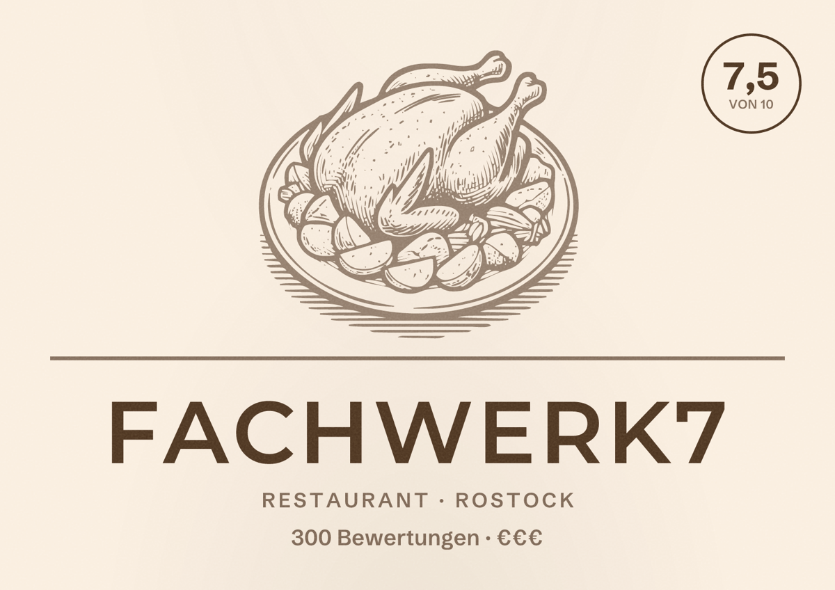 Illustriertes Poster von Fachwerk7, Restaurant in Rostock: Bewertung 7,5 von 10 aus 300 Bewertungen, Preisniveau €€€