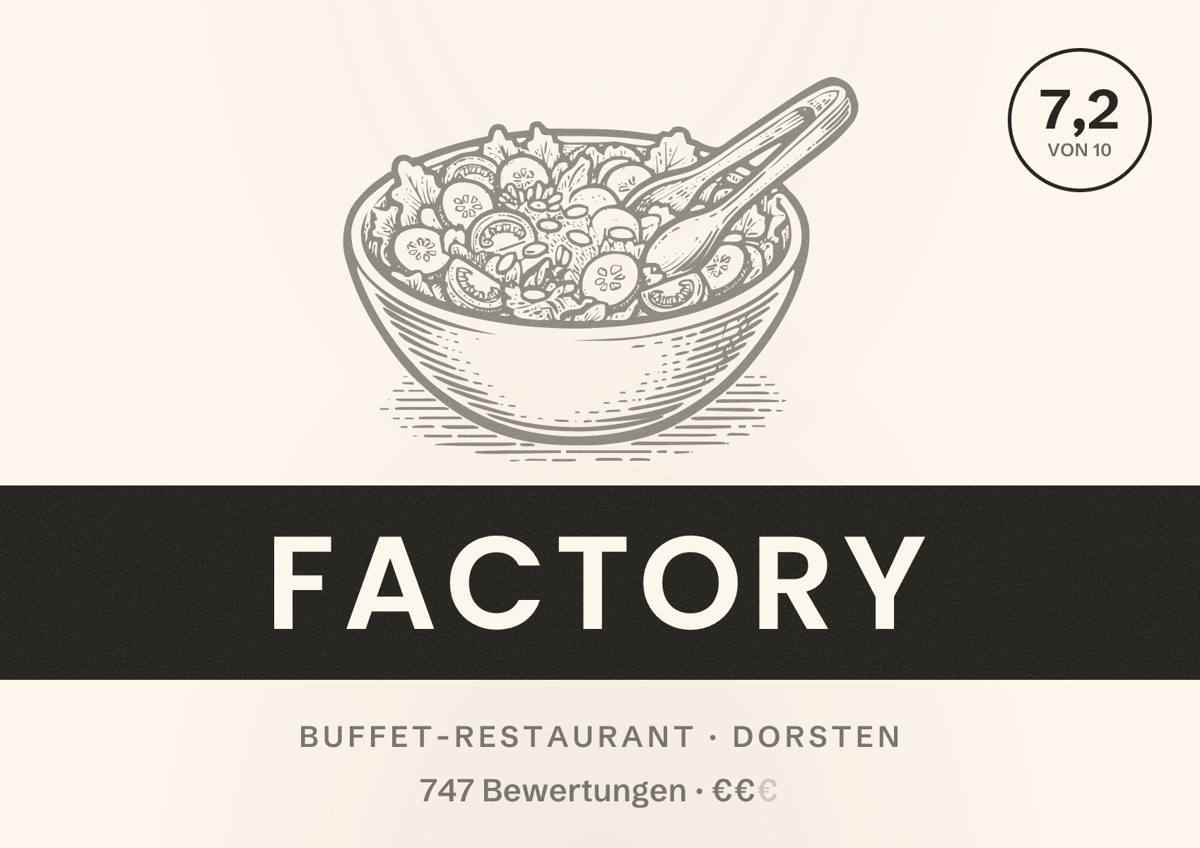 Illustriertes Poster von Factory, Buffet-Restaurant in Dorsten: Bewertung 7,2 von 10 aus 747 Bewertungen, Preisniveau €€