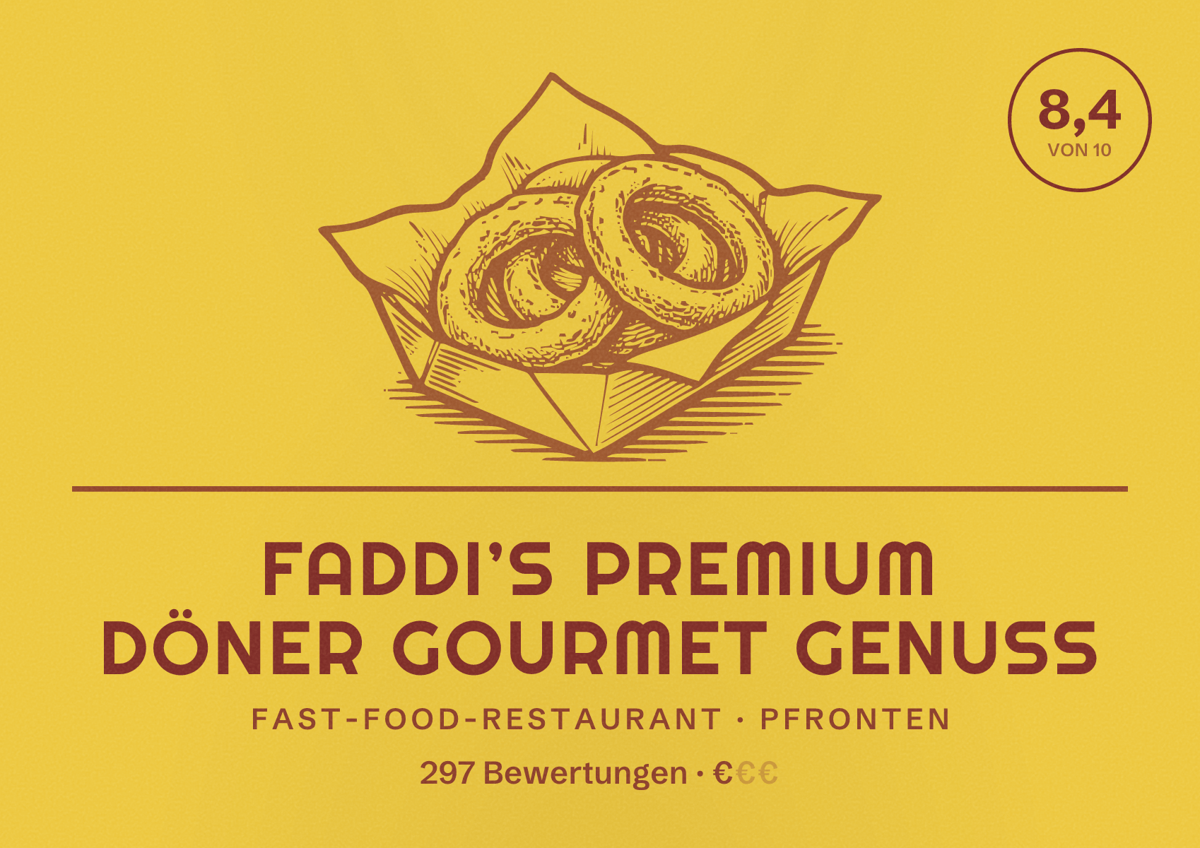 Illustriertes Poster von Faddi’s Premium Döner Gourmet Genuss, Fast-Food-Restaurant in Pfronten: Bewertung 8,4 von 10 aus 297 Bewertungen, Preisniveau €