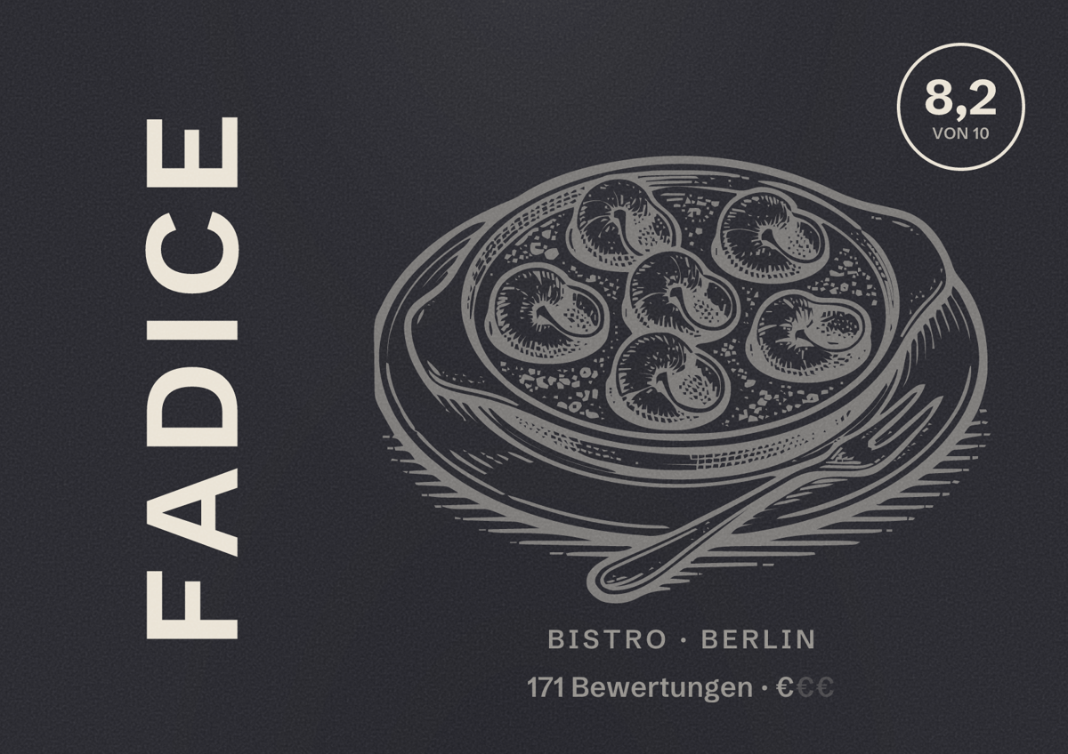 Illustriertes Poster von FADICE, Bistro in Berlin: Bewertung 8,2 von 10 aus 171 Bewertungen, Preisniveau €