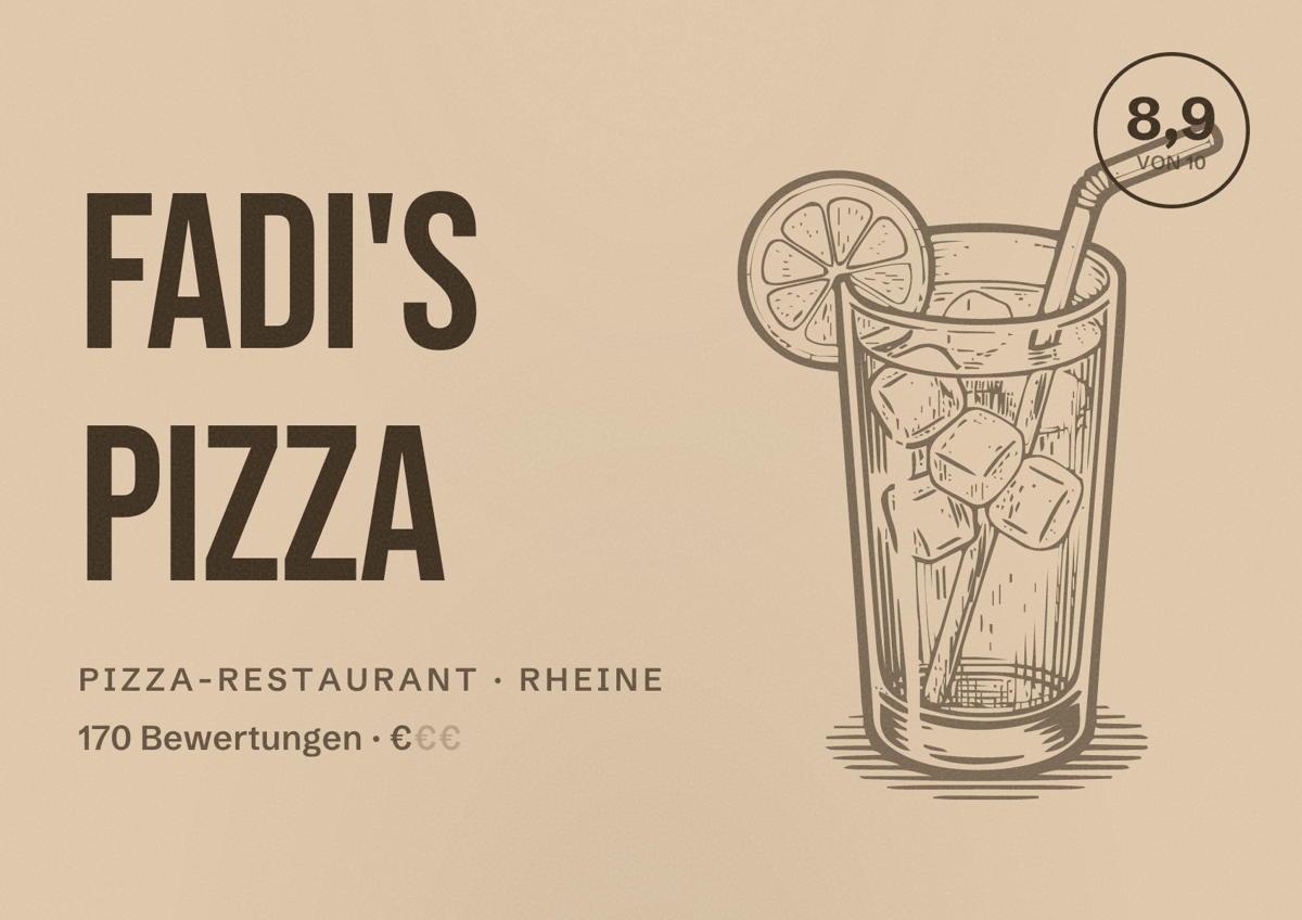 Illustriertes Poster von Fadi's Pizza, Pizza-Restaurant in Rheine: Bewertung 8,9 von 10 aus 170 Bewertungen, Preisniveau €