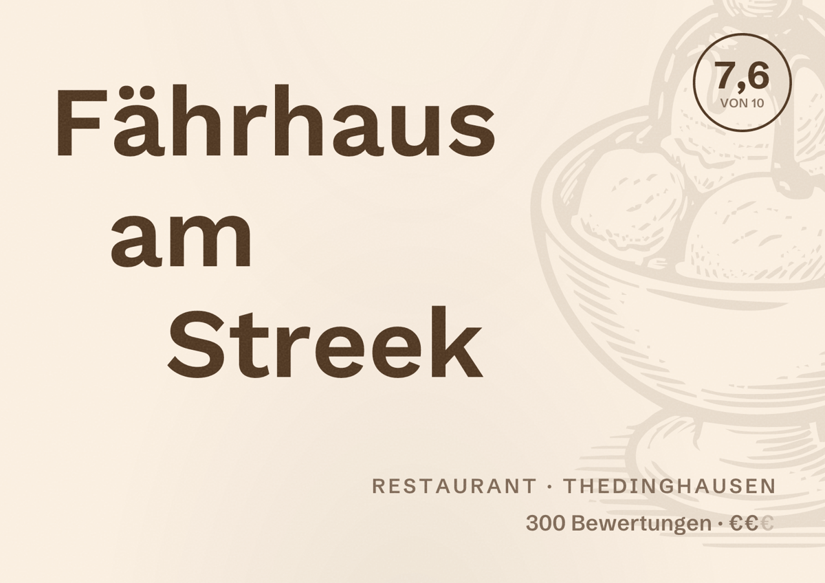 Illustriertes Poster von Fährhaus am Streek, Restaurant in Thedinghausen: Bewertung 7,6 von 10 aus 300 Bewertungen, Preisniveau €€