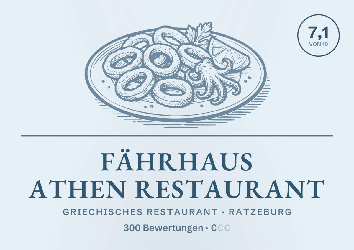 Illustriertes Poster von Fährhaus Athen Restaurant, Griechisches Restaurant in Ratzeburg: Bewertung 7,1 von 10 aus 300 Bewertungen, Preisniveau €