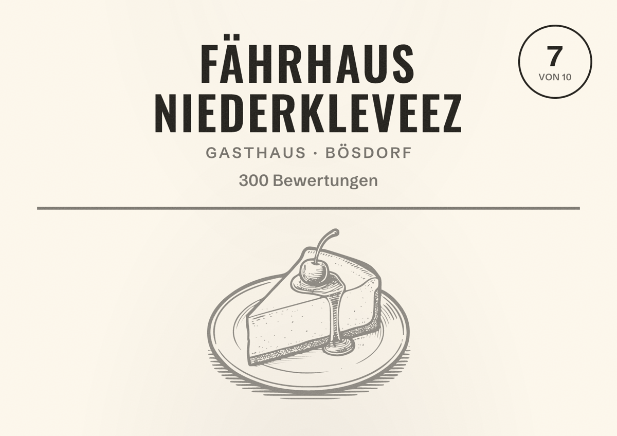 Illustriertes Poster von Fährhaus Niederkleveez, Gasthaus in Bösdorf: Bewertung 7 von 10 aus 300 Bewertungen