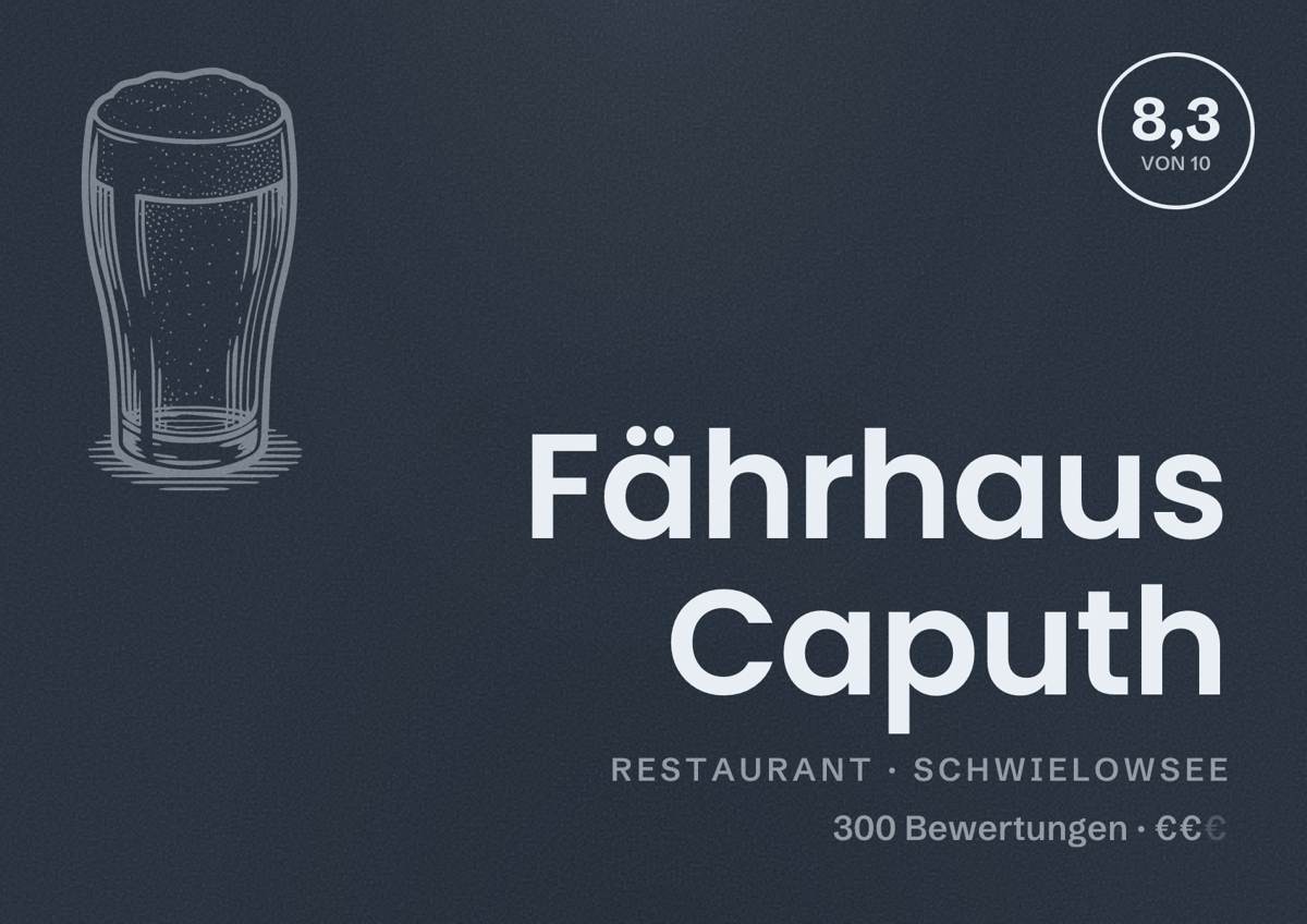 Illustriertes Poster von Fährhaus Caputh, Restaurant in Schwielowsee: Bewertung 8,3 von 10 aus 300 Bewertungen, Preisniveau €€