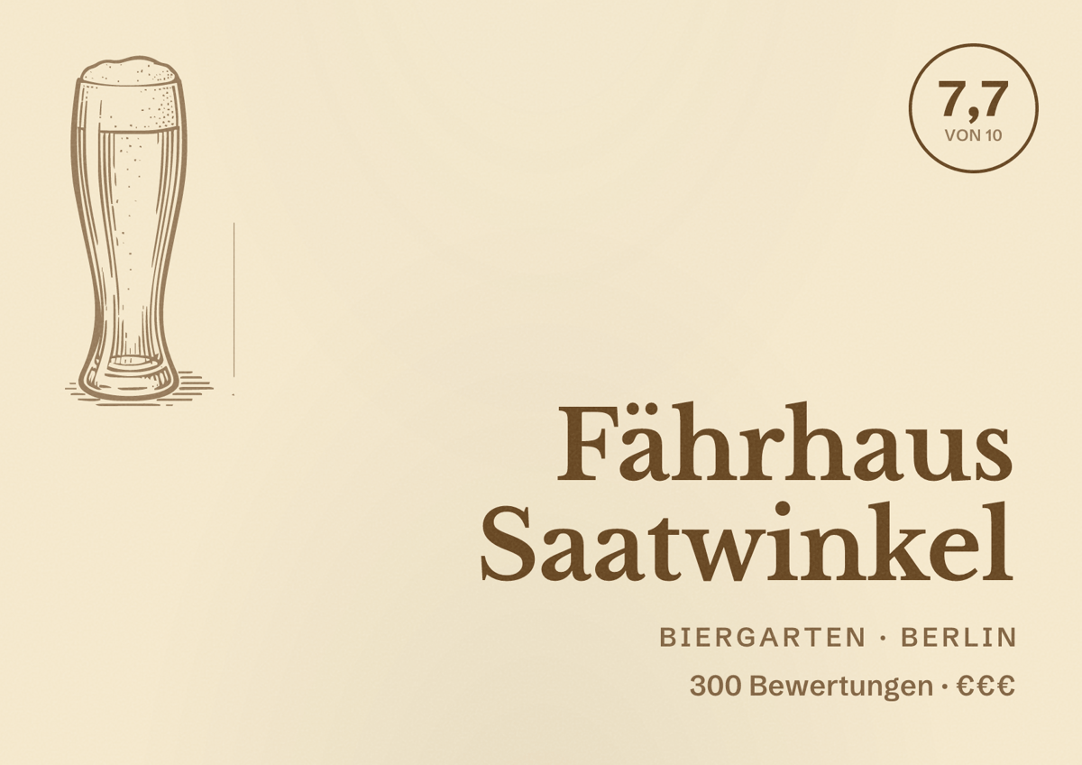 Illustriertes Poster von Fährhaus Saatwinkel, Biergarten in Berlin: Bewertung 7,7 von 10 aus 300 Bewertungen, Preisniveau €€€