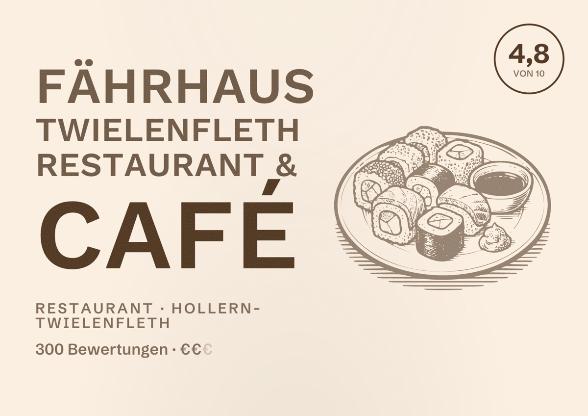 Illustriertes Poster von Fährhaus Twielenfleth Restaurant & Café, Restaurant in Hollern-Twielenfleth: Bewertung 4,8 von 10 aus 300 Bewertungen, Preisniveau €€