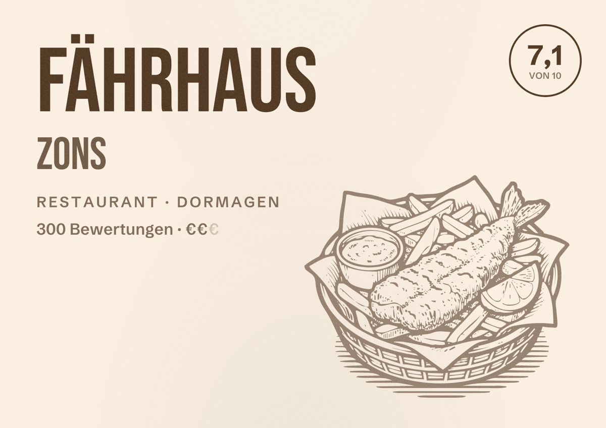 Illustriertes Poster von Fährhaus Zons, Restaurant in Dormagen: Bewertung 7,1 von 10 aus 300 Bewertungen, Preisniveau €€
